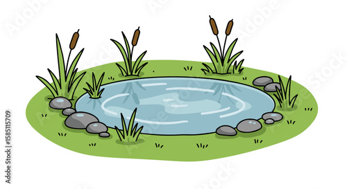 Cartoon style pond with reeds and stones on grass background