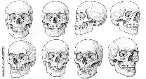 Detailed skull sketches: multiple angles and perspectives for anatomy studies