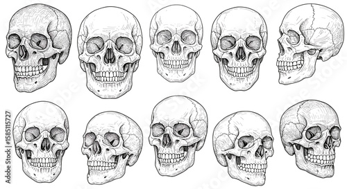 Detailed human skull sketch collection in monochrome batches