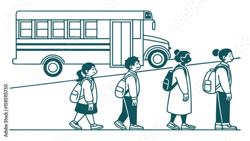 School children waiting for the school bus in a line.