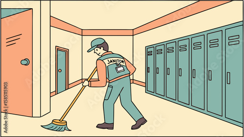 Janitor sweeping the floor of a school hallway.