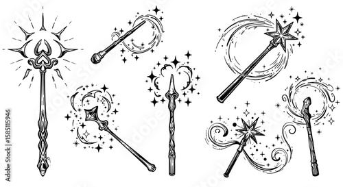 Enchanted magic wands with sparkling stars and swirls in vintage black and white design