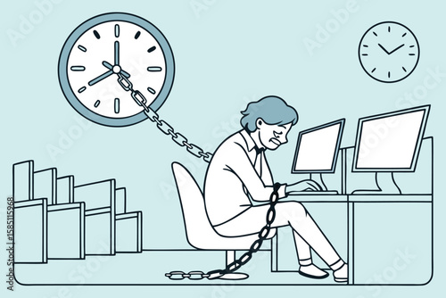Illustration of a stressed worker chained to a clock at a desk with computers in an office setting