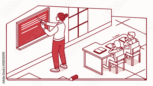 An illustration of a teacher instructing students in a classroom setting, with a blackboard and desks.