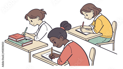 Three students are taking a test in a classroom, writing on paper.