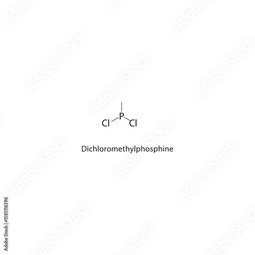 Dichloromethylphosphine skeletal structure. halogen phosphine compound schematic illustration. Simple diagram, chemical formula.