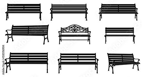 Classic park bench designs: silhouette collection of urban outdoor seating