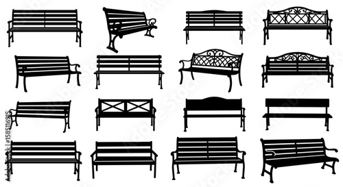 Collection of silhouette park benches: various designs and styles