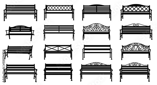 Collection of black silhouette benches with various ornamental designs