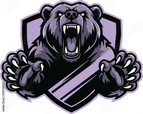 A ferocious grizzly bear roars, its claws gripping a purple shield emblem.