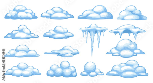 Collection of cute cartoon snow caps and ice elements for winter designs