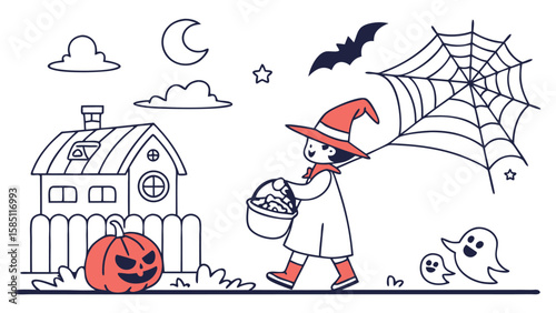 Coloring page of a witch trick or treating with a pumpkin house and ghosts under a moonlit sky full of stars