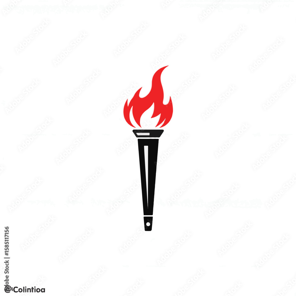 Minimalist torch illustration with red flames on white background, symbolism of enlightenment