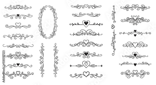 Elegant hand-drawn decorative dividers and swirls with heart motifs