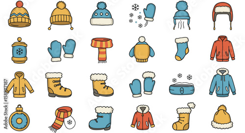 Winter clothing icons set: colorful collection of hats, gloves, and coats