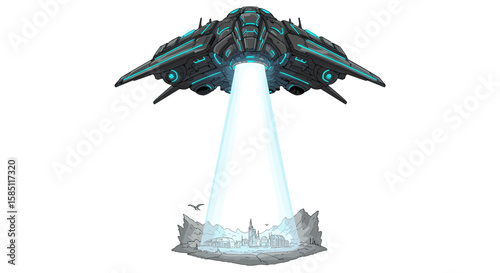 Futuristic spaceship hovering with beam over cityscape