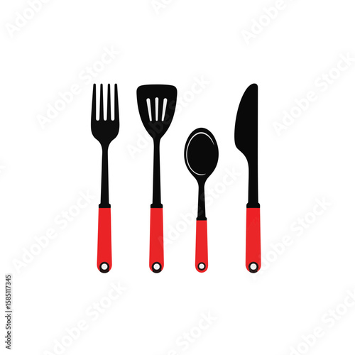Minimalist utensils with red accents on white background, modern design