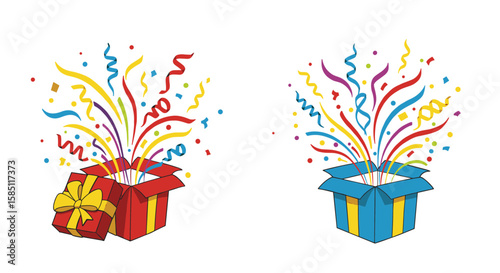 Colorful surprise boxes with confetti and ribbons in festive design