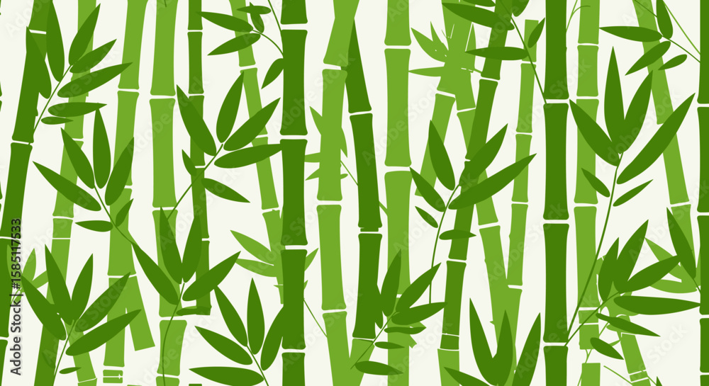Fototapeta premium Seamless green bamboo pattern with leaves in a flat nature design