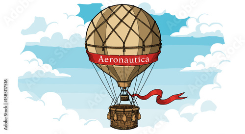 Vintage hot air balloon with ribbon banner in blue sky with clouds