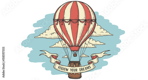 Retro hot air balloon with motivational banner and clouds