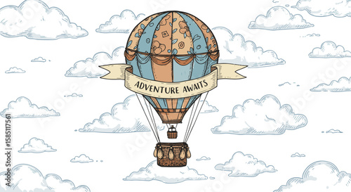 Vintage hot air balloon with banner amidst clouds