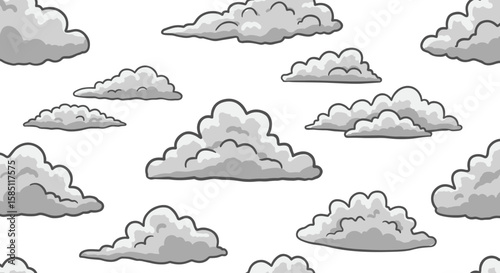 Cartoon style gray clouds pattern on white background