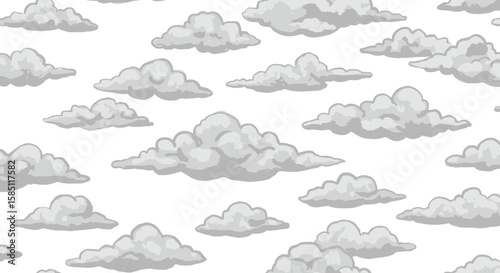 Seamless pattern of gray clouds in a flat cartoon style on white background