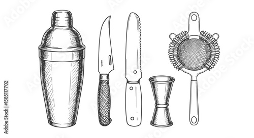 Vintage bar tools set with shaker and knife in hand drawn style