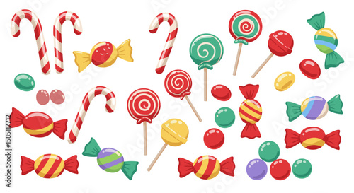Colorful candy collection: assorted sweets and lollipops on white background