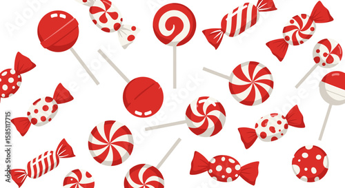 Red and white candy pattern with lollipops and striped sweets on white background