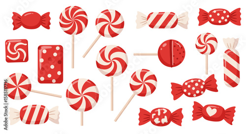 Red and white candy collection on white background