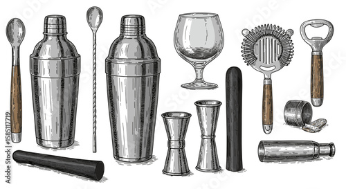 Vintage bar tools collection: hand drawn cocktail shakers and accessories