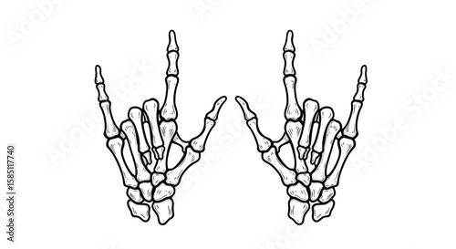 Skeleton hands gesture in detailed black and white line art illustration