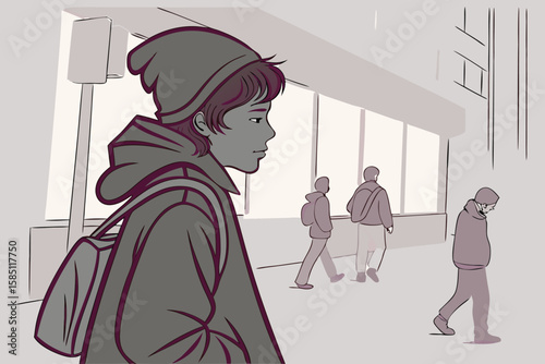 Illustration of a person with a beanie and backpack walking in a city with other pedestrians and buildings