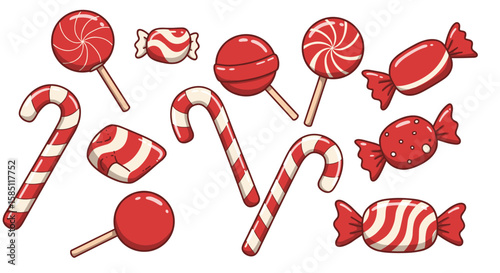 Assorted red candy collection in playful cartoon style