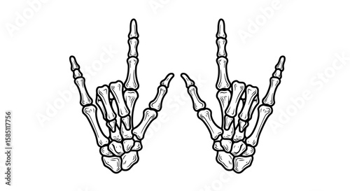 Skeleton hands making rock gesture with detailed black and white design