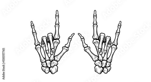 Rock gesture skeleton hands in detailed monochrome drawing