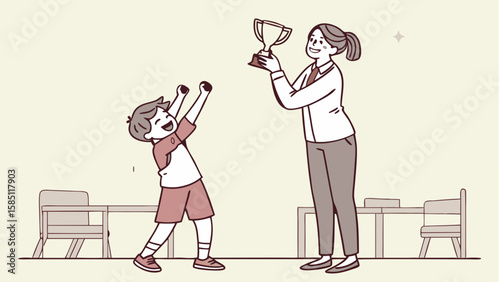 A child receiving a trophy from a teacher in a classroom setting.