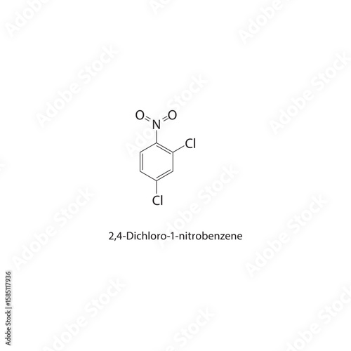 2,4-Dichloro-1-nitrobenzene skeletal structure. nitrobenzene compound schematic illustration. Simple diagram, chemical formula.