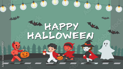 Illustration of children in halloween costumes trick or treating under string lights and bats