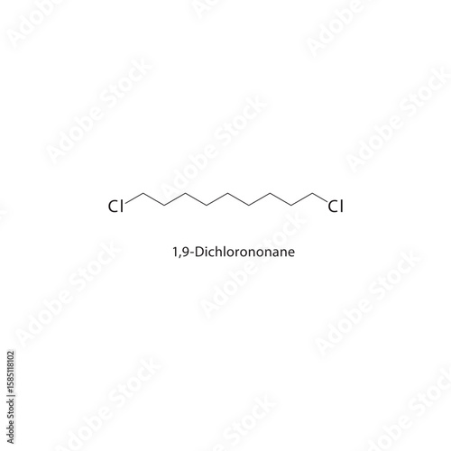 1,9-Dichlorononane skeletal structure. halogen alkane compound schematic illustration. Simple diagram, chemical formula.