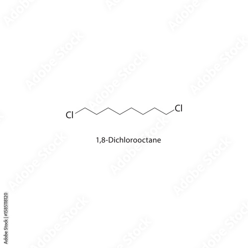 1,8-Dichlorooctane skeletal structure. halogen alkane compound schematic illustration. Simple diagram, chemical formula.