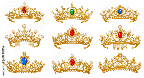 Elegant collection of golden royal crowns with gems and pearls