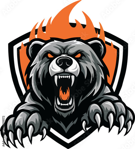 Aggressive bear roaring with claws out, set against a shield and flames, creating a fierce and powerful image.