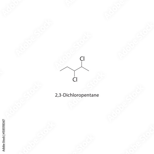 2,3-Dichloropentane skeletal structure. halogen alkane compound schematic illustration. Simple diagram, chemical formula.