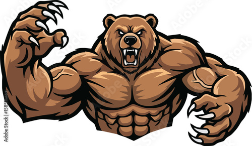 A cartoon grizzly bear with powerful muscles, roaring and displaying sharp claws.