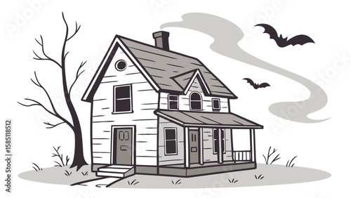Illustration of a spooky house with bats flying around and smoke coming from the chimney on a white background