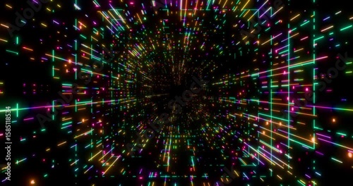 Futuristic glowing neon waving rays background. Shining geometric rainbow lines and grid inside corridor in perspective. Bright retro digital cyberspace. 4K 3D rendering loop animation.