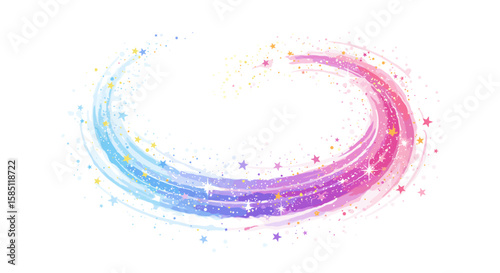 Colorful swirling starry trail with gradient sparkles on white background